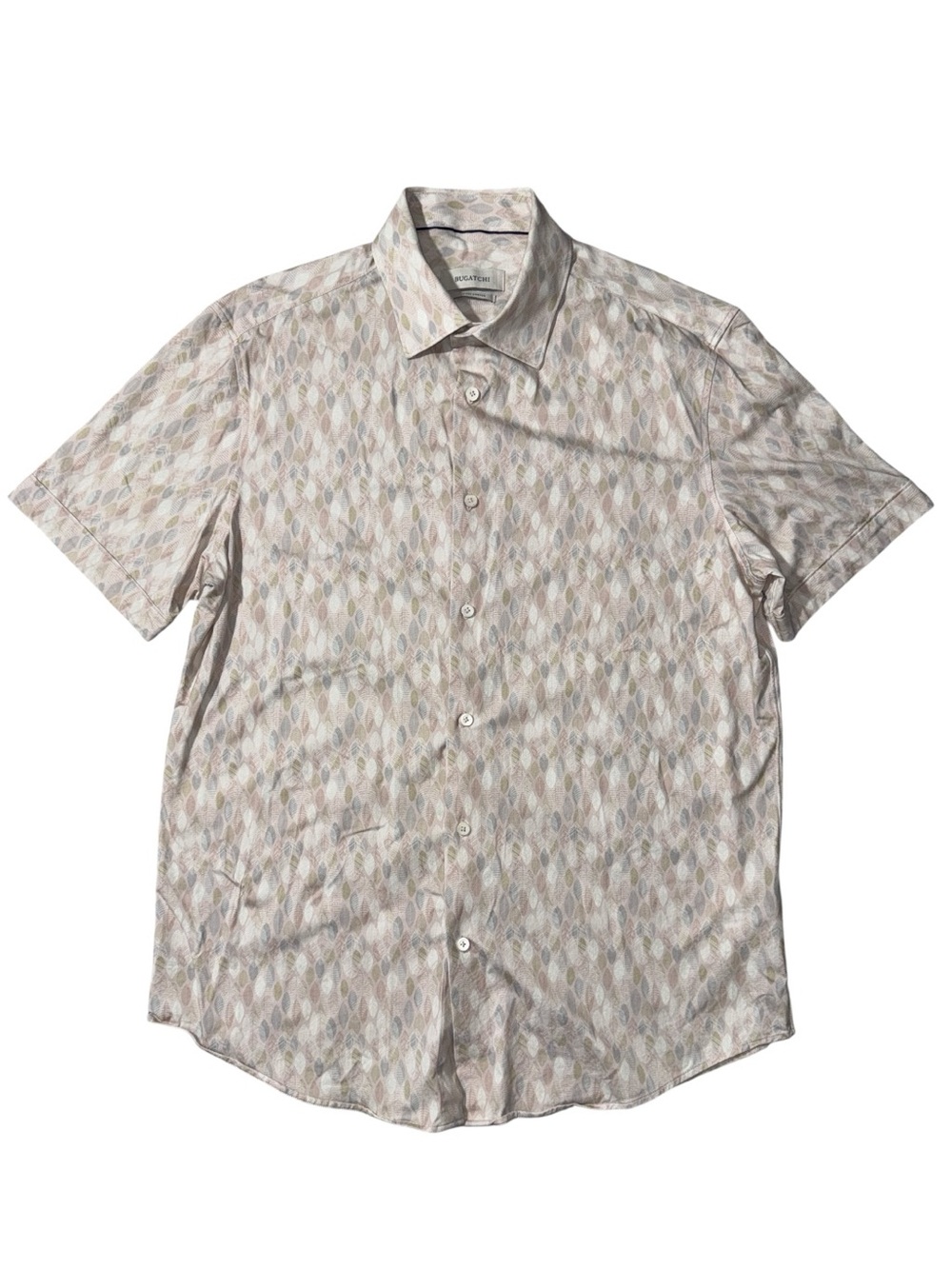 Bugatchi men L Large pink leaf floral 8 way stretch short sleeve button up shirt